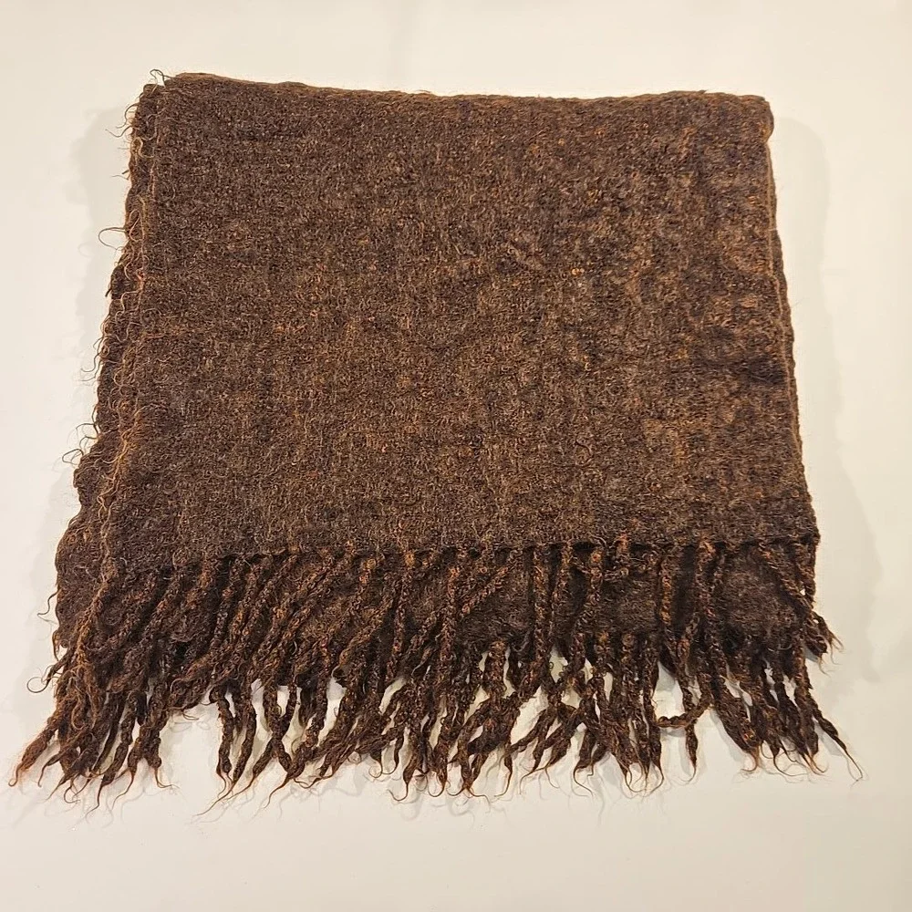 Baby-Mo South African Mohair Fringe Throw Blanket Brown 39x70 Handwove Shawl USA